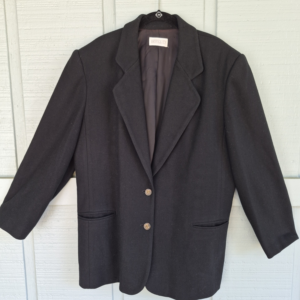 Lands' End Women's 100% Wool Black Blazer Size 16 Lined 2 Front Pockets Classic
